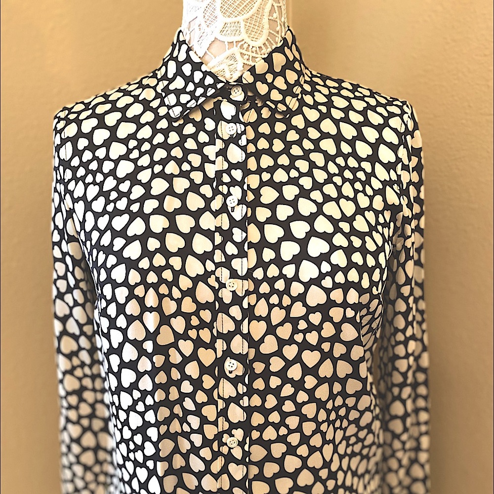 J Crew Black White Hearts Button Down Silk Shirt